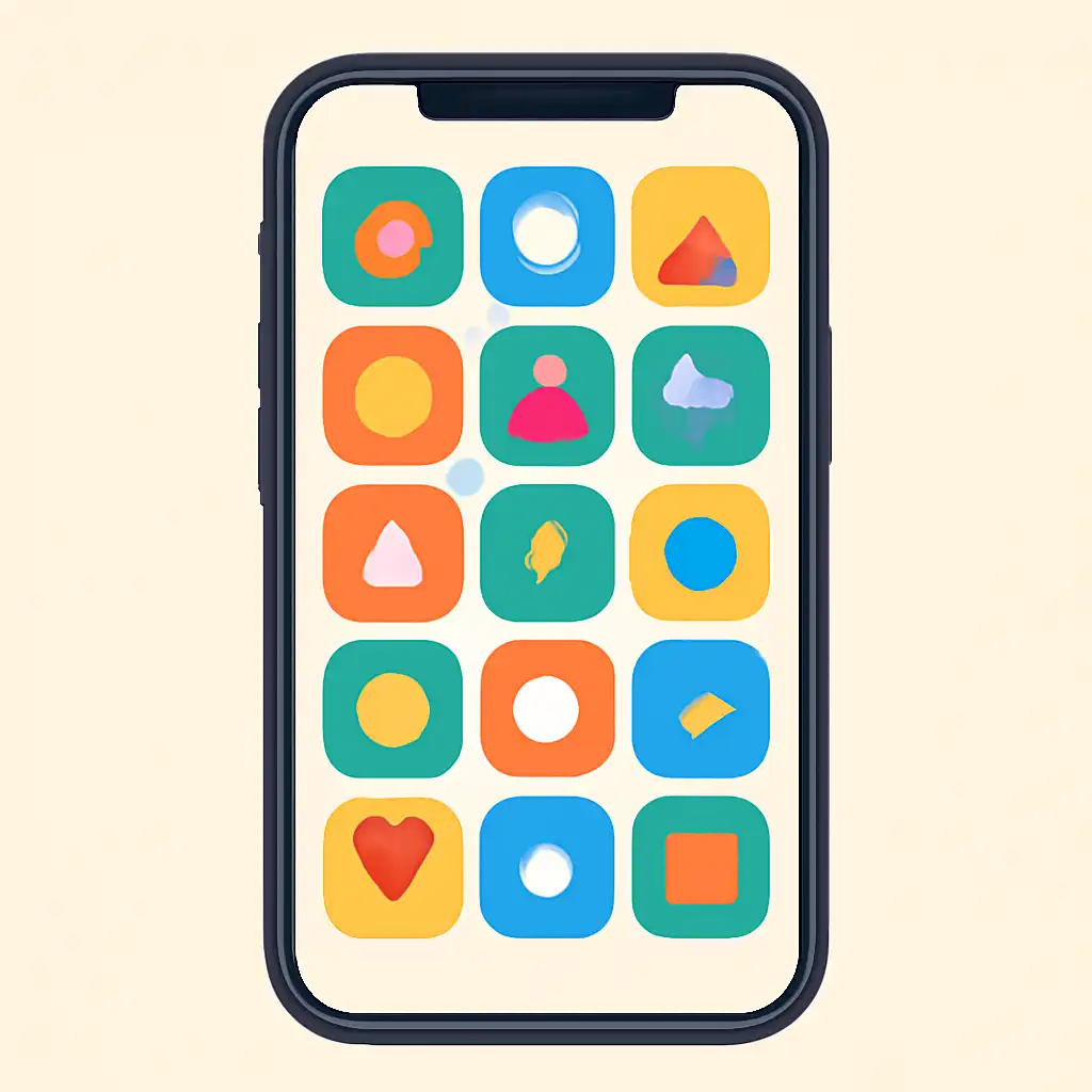 Smartphone shown from the front displaying a colourful flat layout of abstract game icons and rounded tiles (no text, no letters, no labels), 55 Club