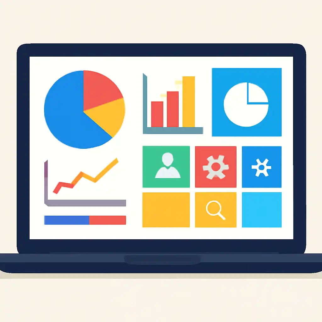 Laptop shown from the front displaying a colourful flat dashboard of abstract charts, bars and icon tiles (no text, no letters, no labels), 55 Club