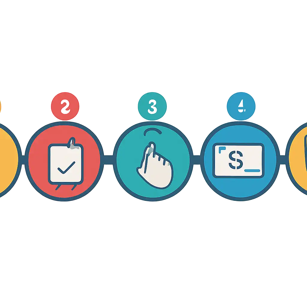 Five numbered circular icons connected by arrows in a horizontal flow, flat illustration, icons only, no words, 55 Club steps