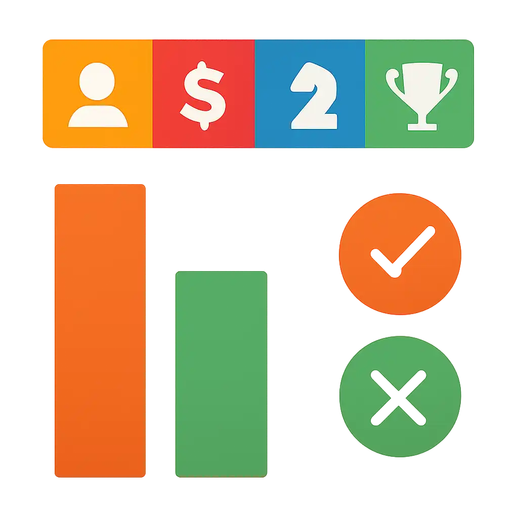 Infographic comparing options using coloured bars and icons only, no text or labels, flat design, 55 Club